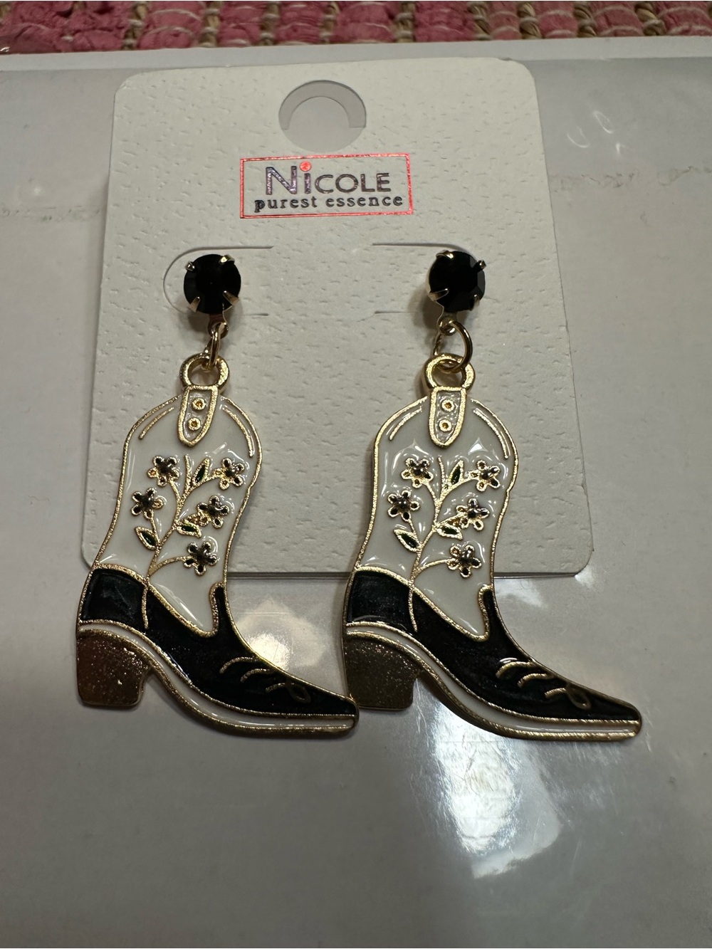Nicole Black, White & Gold Floral Cowboy Boot Drop Earrings